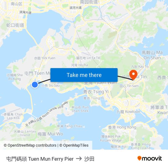 屯門碼頭 Tuen Mun Ferry Pier to 沙田 map