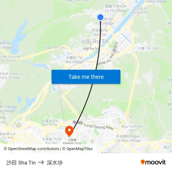 沙田 Sha Tin to 深水埗 map