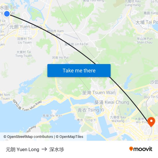 元朗 Yuen Long to 深水埗 map