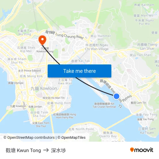 觀塘 Kwun Tong to 深水埗 map