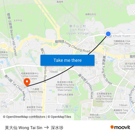 黃大仙 Wong Tai Sin to 深水埗 map