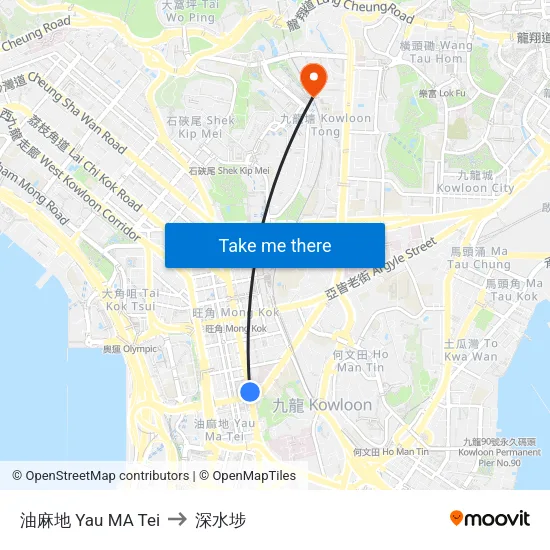 油麻地 Yau MA Tei to 深水埗 map