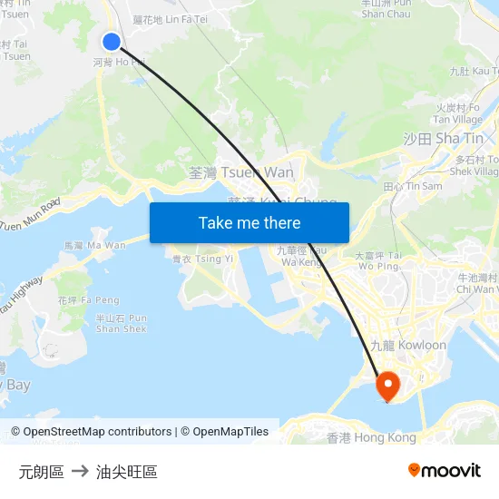 元朗區 to 油尖旺區 map