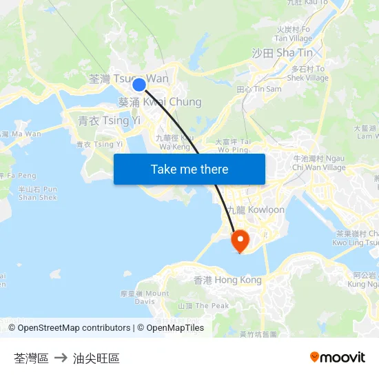 荃灣區 to 油尖旺區 map