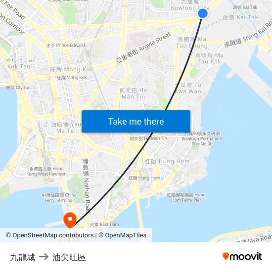 九龍城 to 油尖旺區 map