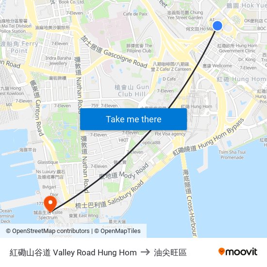 紅磡山谷道 Valley Road Hung Hom to 油尖旺區 map