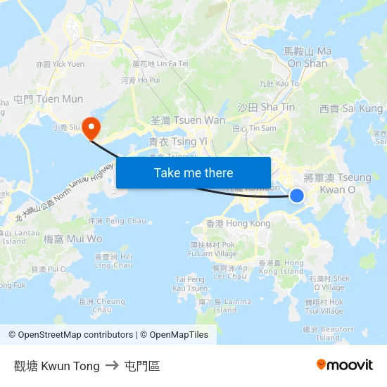 觀塘 Kwun Tong to 屯門區 map