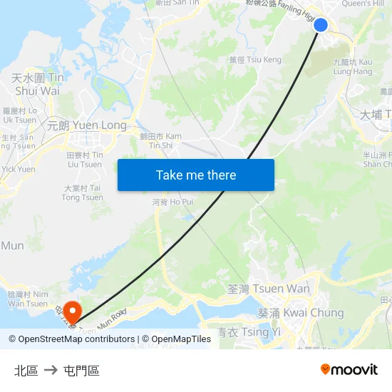 北區 to 屯門區 map