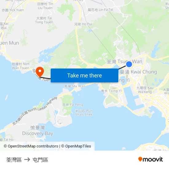 荃灣區 to 屯門區 map