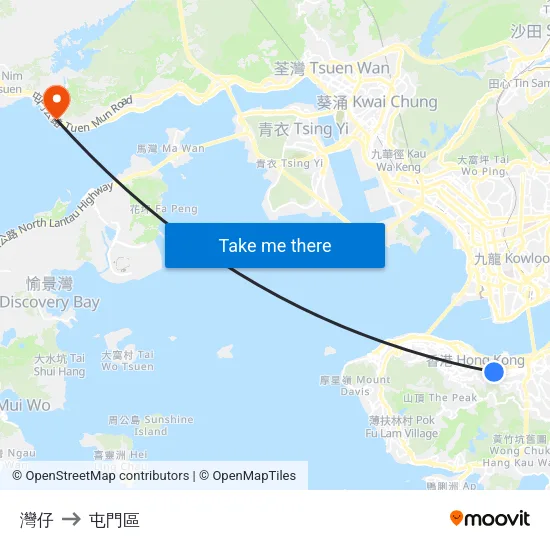 灣仔 to 屯門區 map