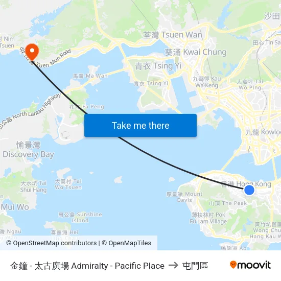 金鐘 - 太古廣場 Admiralty - Pacific Place to 屯門區 map