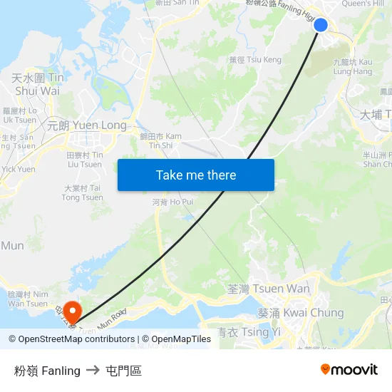 粉嶺 Fanling to 屯門區 map