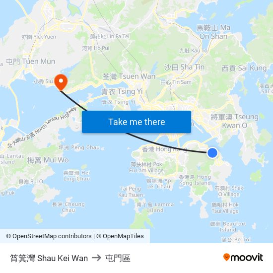 筲箕灣 Shau Kei Wan to 屯門區 map