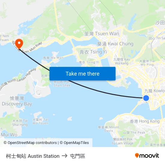 柯士甸站 Austin Station to 屯門區 map