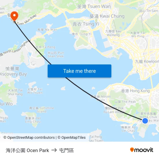 海洋公園 Ocen Park to 屯門區 map