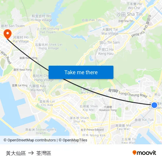 黃大仙區 to 荃灣區 map