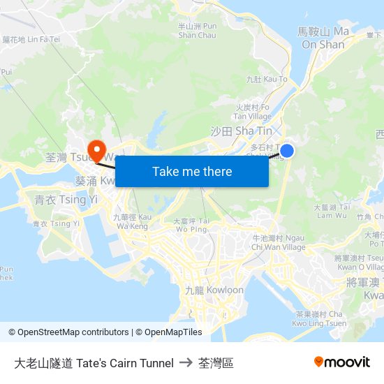 大老山隧道 Tate's Cairn Tunnel to 荃灣區 map