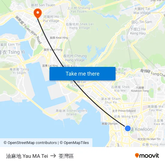 油麻地 Yau MA Tei to 荃灣區 map