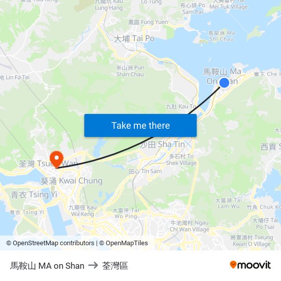 馬鞍山 MA on Shan to 荃灣區 map