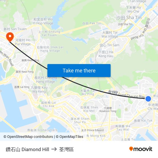 鑽石山 Diamond Hill to 荃灣區 map