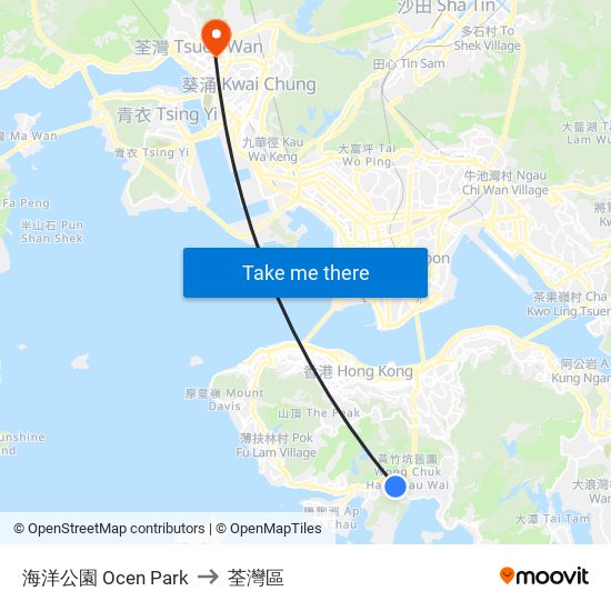 海洋公園 Ocen Park to 荃灣區 map