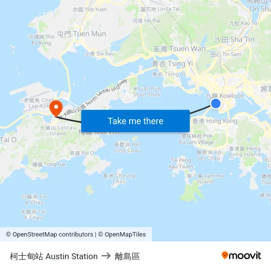 柯士甸站 Austin Station to 離島區 map
