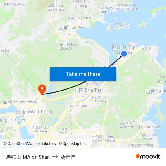 馬鞍山 MA on Shan to 葵青區 map