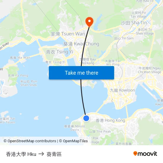 香港大學 Hku to 葵青區 map