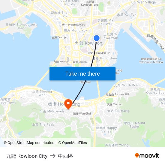 九龍 Kowloon City to 中西區 map