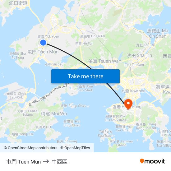 屯門 Tuen Mun to 中西區 map