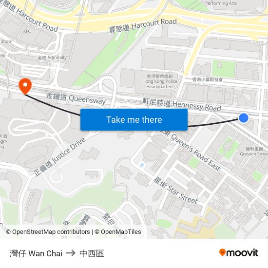 灣仔 Wan Chai to 中西區 map
