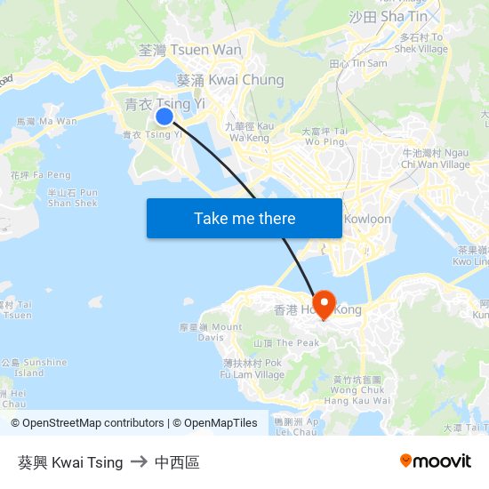 葵興 Kwai Tsing to 中西區 map