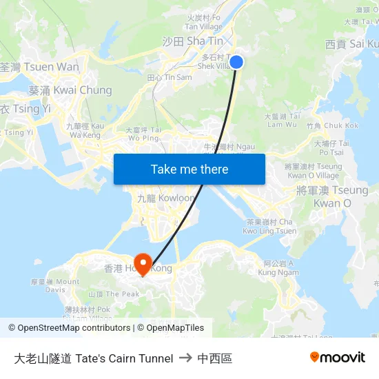 大老山隧道 Tate's Cairn Tunnel to 中西區 map