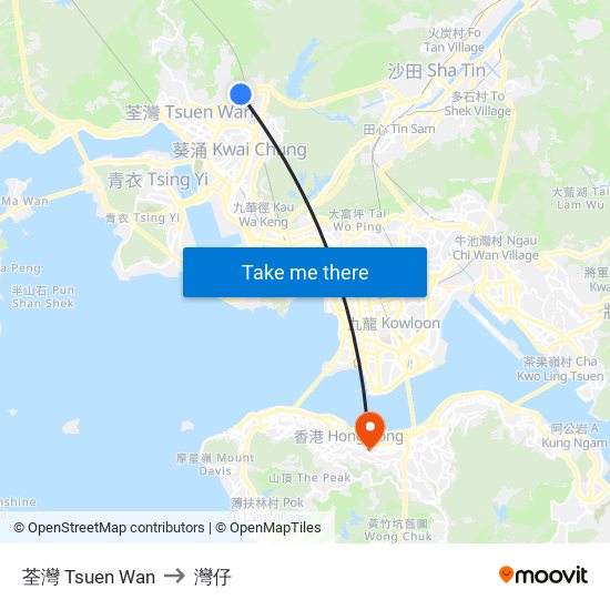 荃灣 Tsuen Wan to 灣仔 map