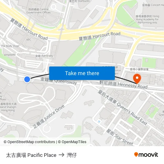 金鐘 - 太古廣場 Admiralty - Pacific Place to 灣仔 map