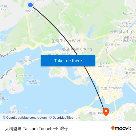 大欖隧道 Tai Lam Tunnel to 灣仔 map