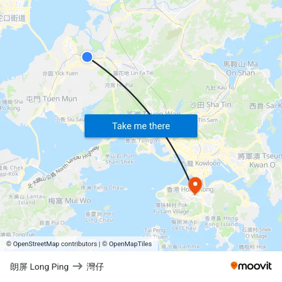 朗屏 Long Ping to 灣仔 map