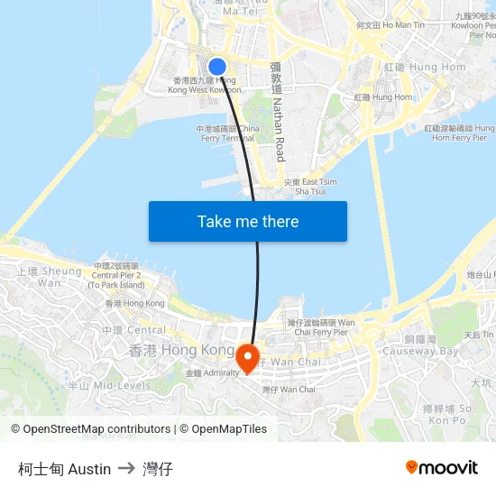 柯士甸 Austin to 灣仔 map