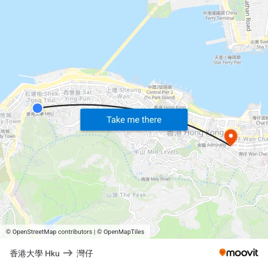 香港大學 Hku to 灣仔 map