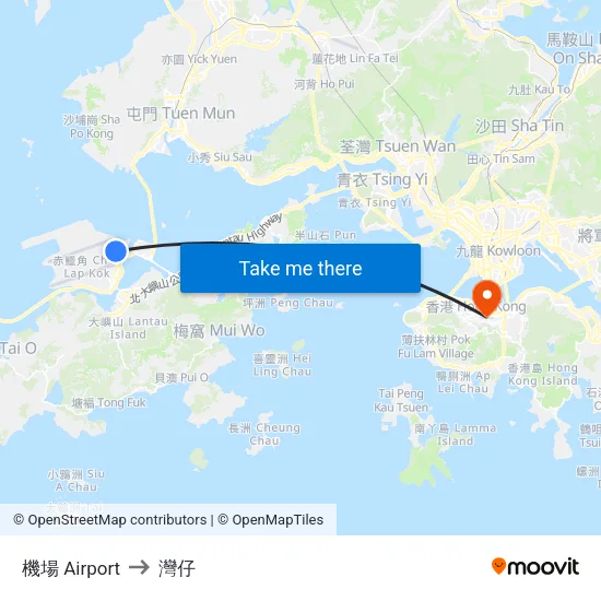 機場 Airport to 灣仔 map