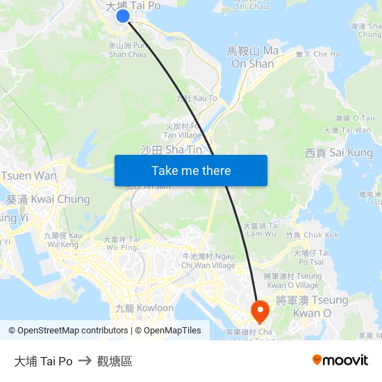 大埔 Tai Po to 觀塘區 map