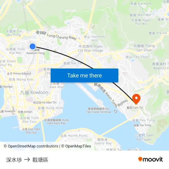深水埗 to 觀塘區 map