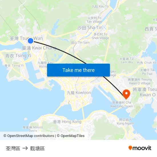 荃灣區 to 觀塘區 map