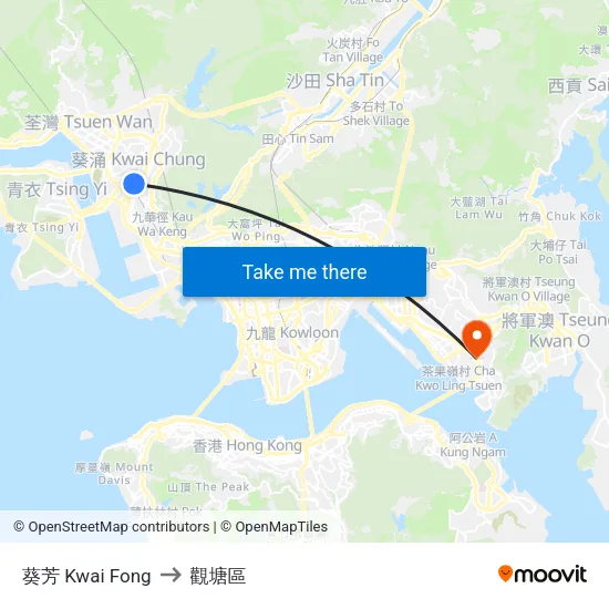 葵芳 Kwai Fong to 觀塘區 map