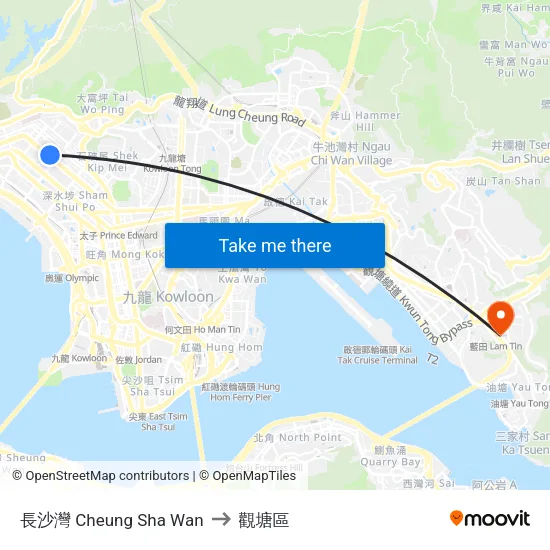 長沙灣 Cheung Sha Wan to 觀塘區 map