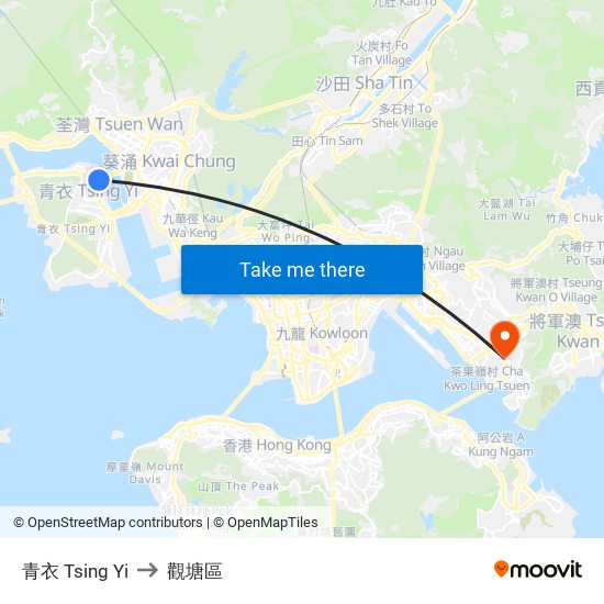 青衣 Tsing Yi to 觀塘區 map