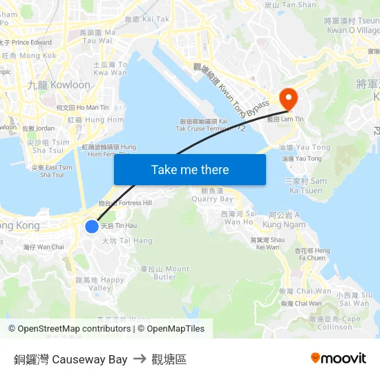 銅鑼灣 Causeway Bay to 觀塘區 map
