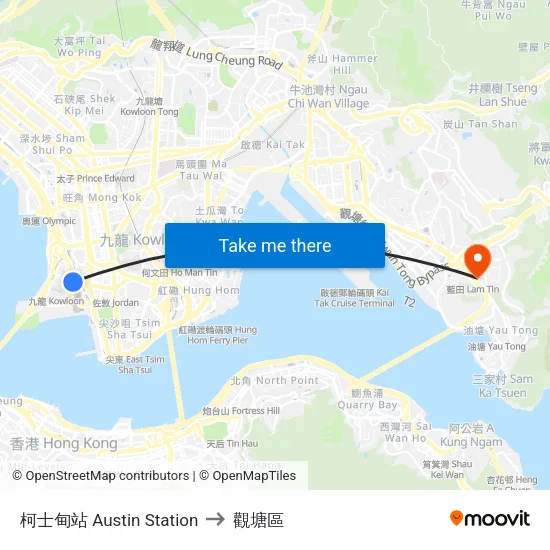 柯士甸站 Austin Station to 觀塘區 map