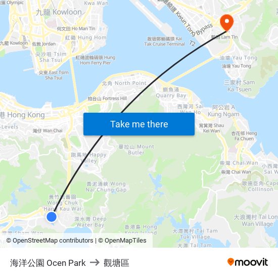 海洋公園 Ocen Park to 觀塘區 map