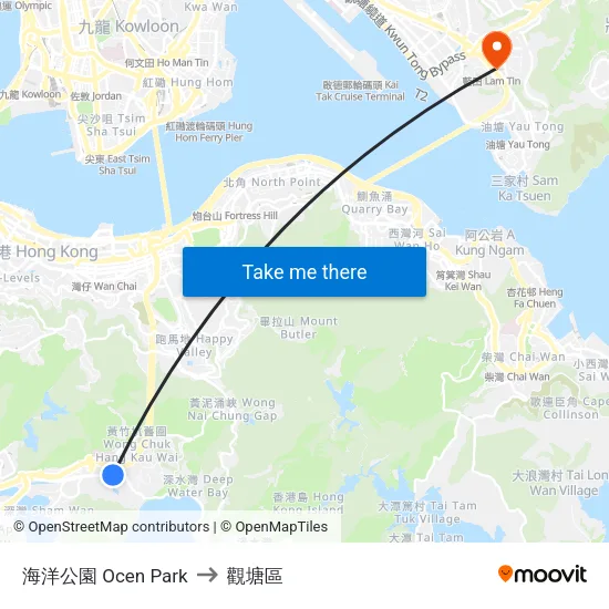 海洋公園 Ocen Park to 觀塘區 map